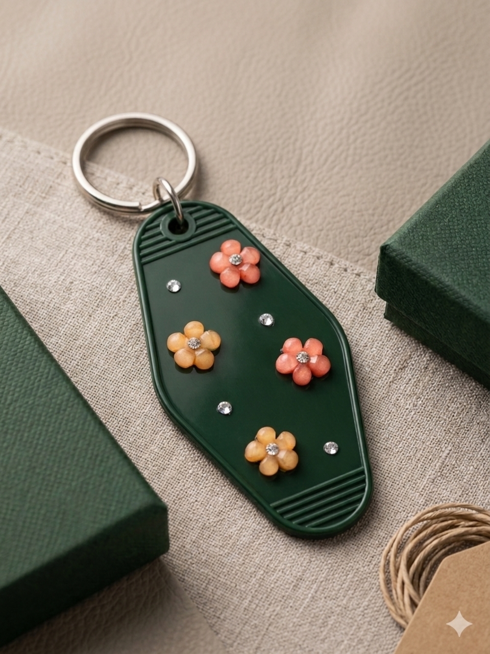 Vintage Hotel Style Green Floral Resin Key & Card Holder Keychain